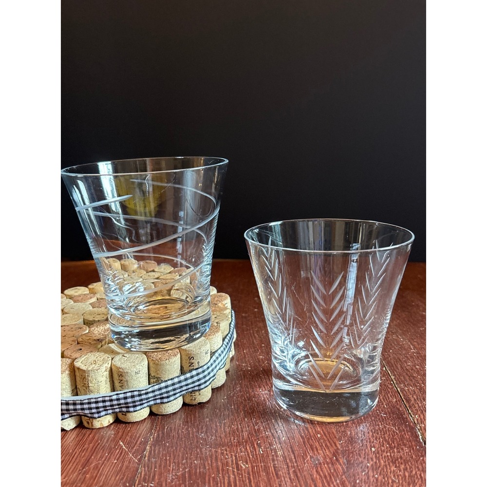 Vintage Etched Crystal Rocks Glasses Set of 2 Wheat Swirl Whiskey Lowball Clear